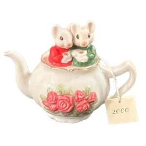 Mother & Daughter Mice Mouse Teapot VTG Porcelain Christmas Ornament Hallmark 00
